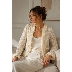 A’reve Ivory Lace Ruffle Cardigan Romantic Fairy Boho Sheer Open Front S NWT